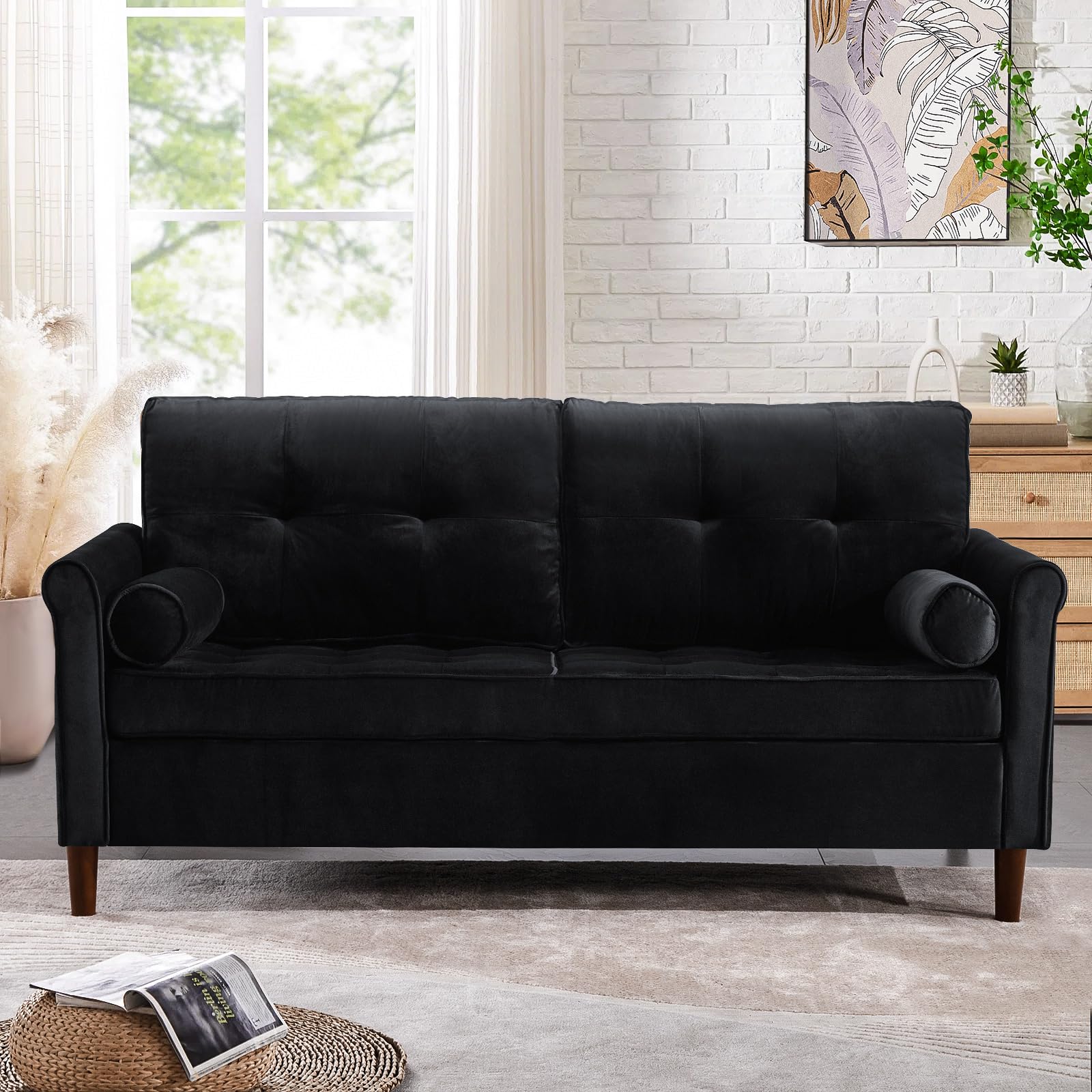 Black Loveseat Sofa, Mid-Century Modern Velvet Small Couch, Comfy Love Seat Sofa, Upholstered Mini Sofa With Back Cushions Rolled Armrest For Living Room, Bedroom, Office Apartment, Small Space