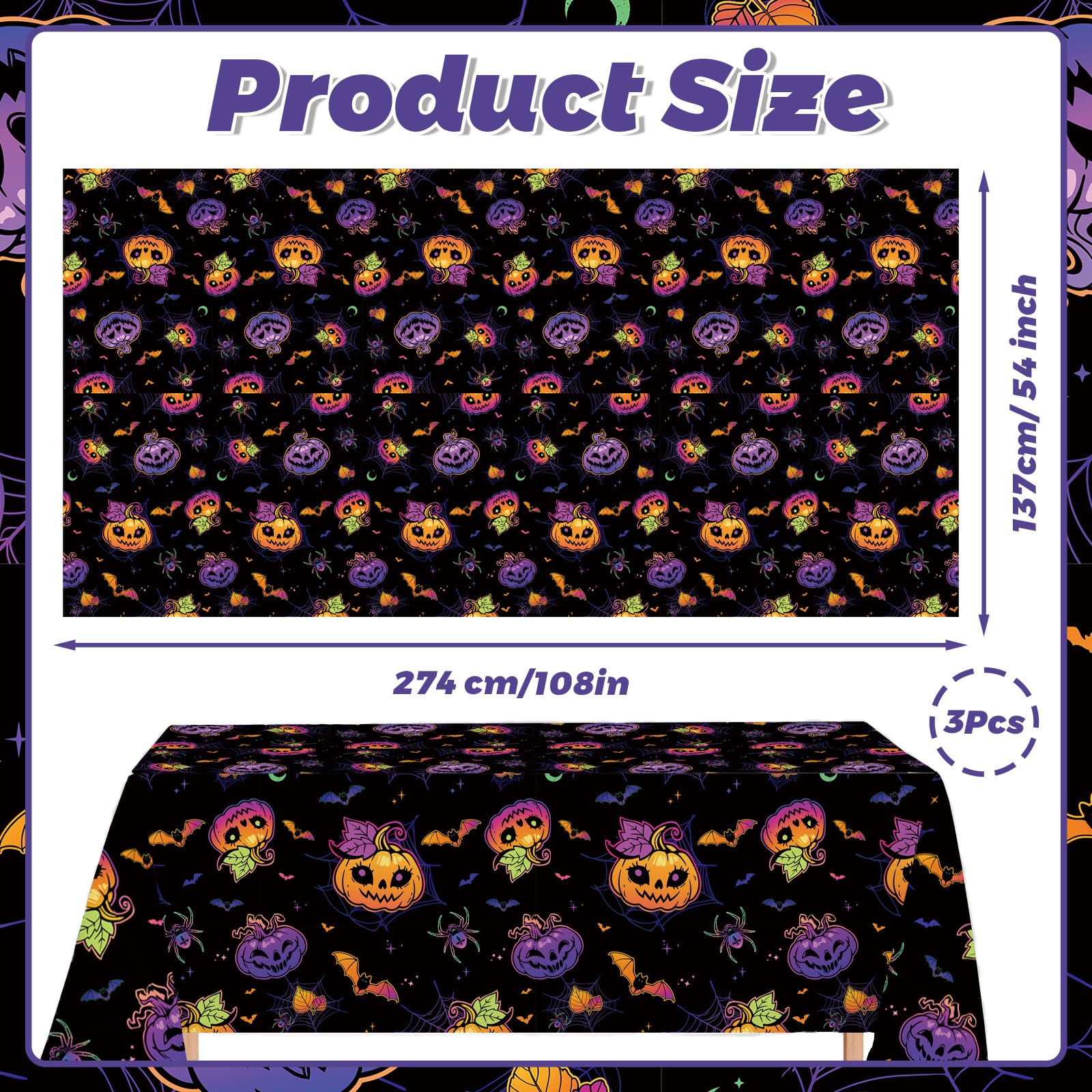 MEHOFOND 3 Pack Halloween Tablecloths, Disposable Plastic Spiderweb Table Covers with Cute Pumpkin Bat Happy Halloween Party Supplies for Kids Halloween Party, 54 x 108 Inch