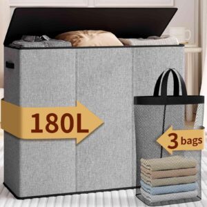 relefree laundry hamper 3 section,180l large laundry basket for laundry sorting,clothes hamper with 3 removable bags,laundry hamper with lid, ideal for bedroom,bathroom,dorm,laundry room,grey