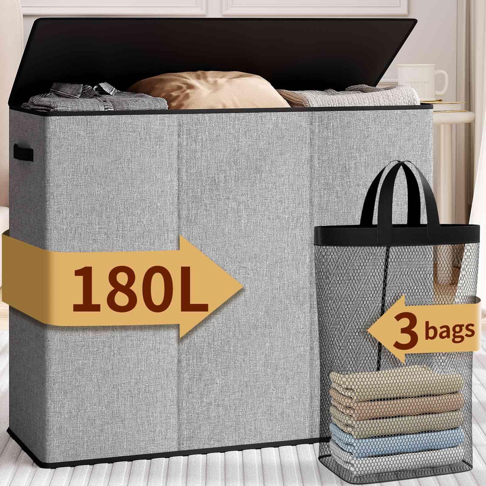 Relefree laundry hamper 3 section,180L large laundry basket for laundry sorting,Clothes Hamper with 3 Removable Bags,laundry hamper with lid, ideal for Bedroom,Bathroom,Dorm,Laundry Room,Grey