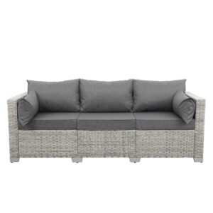 WAROOM Outdoor Couch 3 Seater Wicker Patio Sofa Grey Rattan Deep Seat Balcony Furniture Porch Seating with Grey Cushion