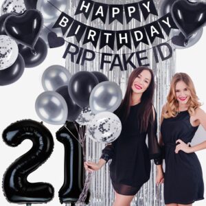 21st Birthday Decorations, Happy 21st Birthday Decorations with Happy Birthday Banner, Sliver Foil Curtains, RIP FAKE ID 21 Balloons Kit, Black Cake Topper, 21st Birthday Decorations for Him