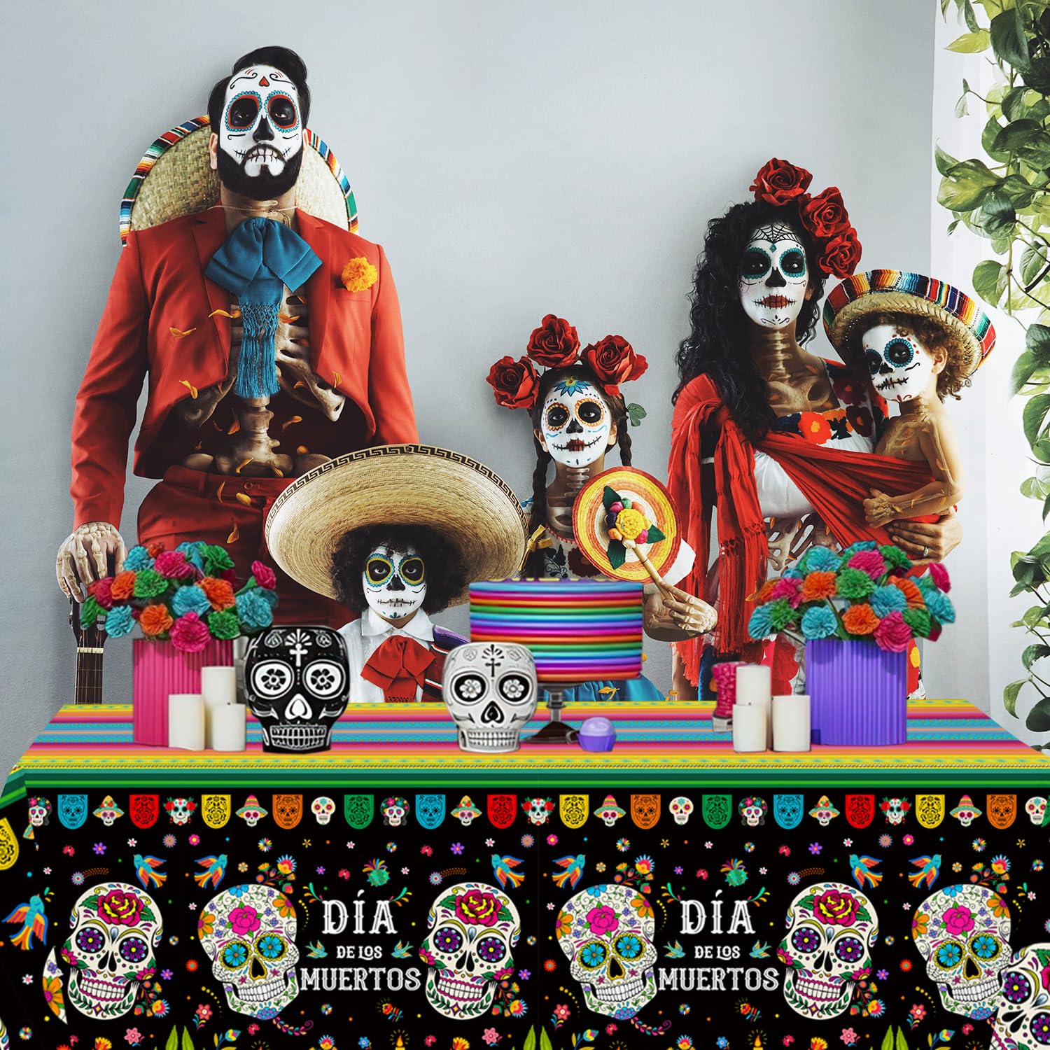 MEHOFOND 3pcs Day of The Dead Tablecloth Dia De Los Muertos Table Cover Sugar Skull Floral Table Cover Mexican Fiesta Plastic Tablecloth for Halloween Mexican Fiesta Party Supplies, 54 x 108 Inch