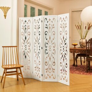 5.6Ft Room Divider Folding Wood Classical Carved Partition Screen for Home Office Garden - 4 Panels (White)