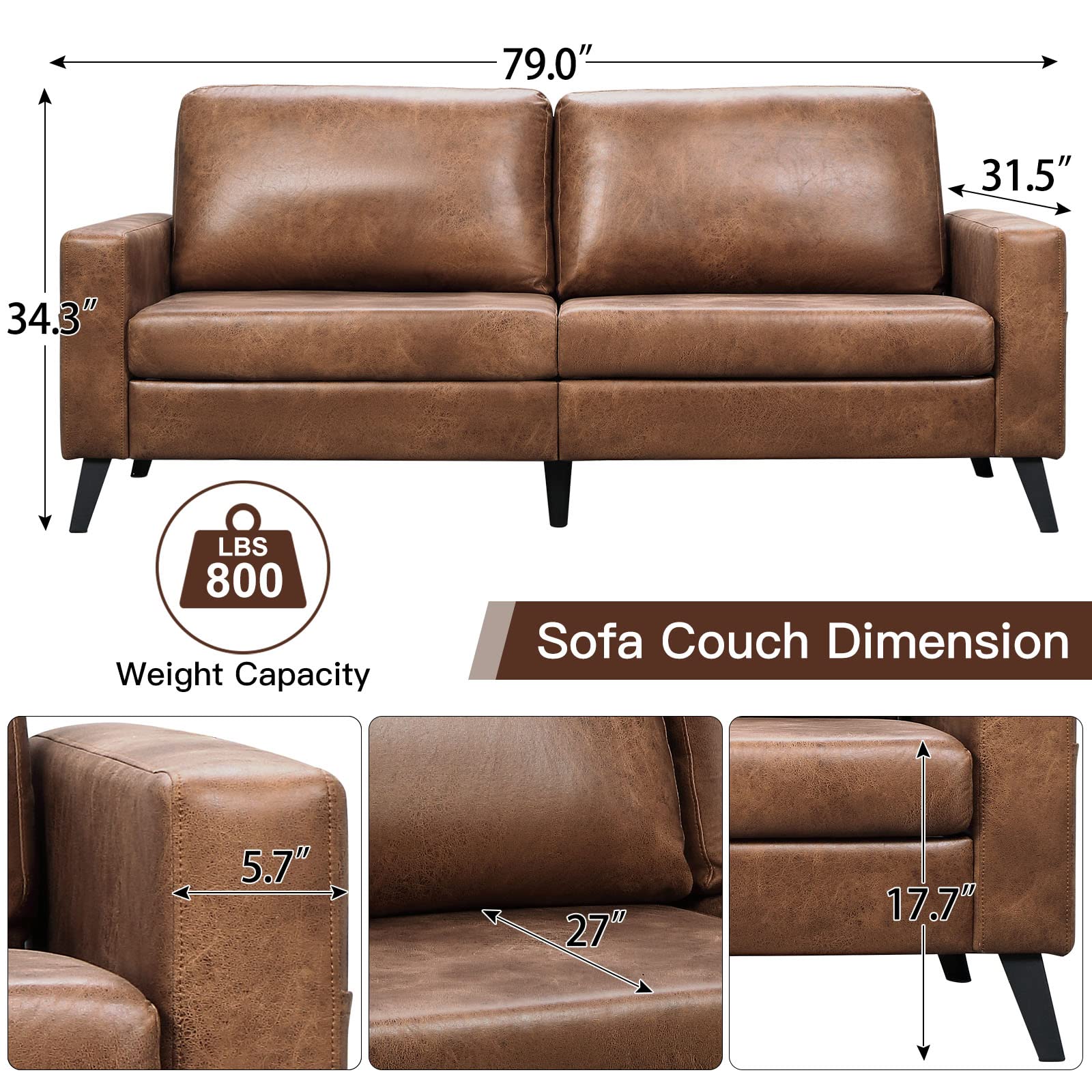 Esright 79 Inch Sofa Couch for Living Room, Small Couches, Faux Leather Loveseat, Mid Century Modern Sofas, Brown Comfy Love Seat for Bedroom, Apartment, Lounge, Office