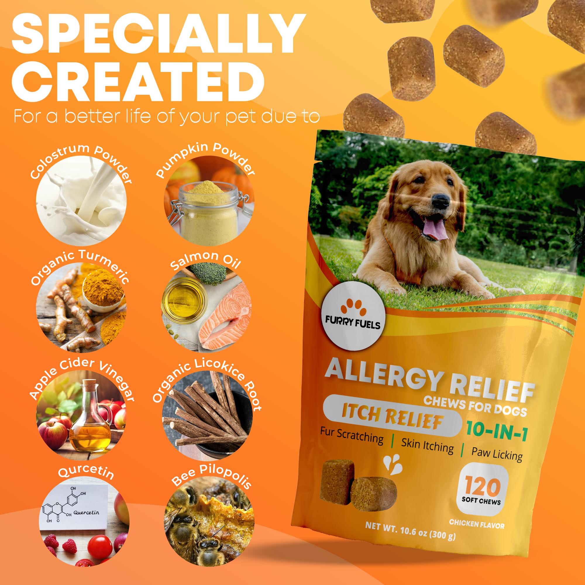 Dog Allergy Relief - 120 Count - Dog Allergy Chews Dog Itching Skin Relief for Seasonal Allergies - 10-in-1 Soft Dog Anti Itch Relief for Dogs Probiotics for Skin & Coat Supplement - Chicken Flavor