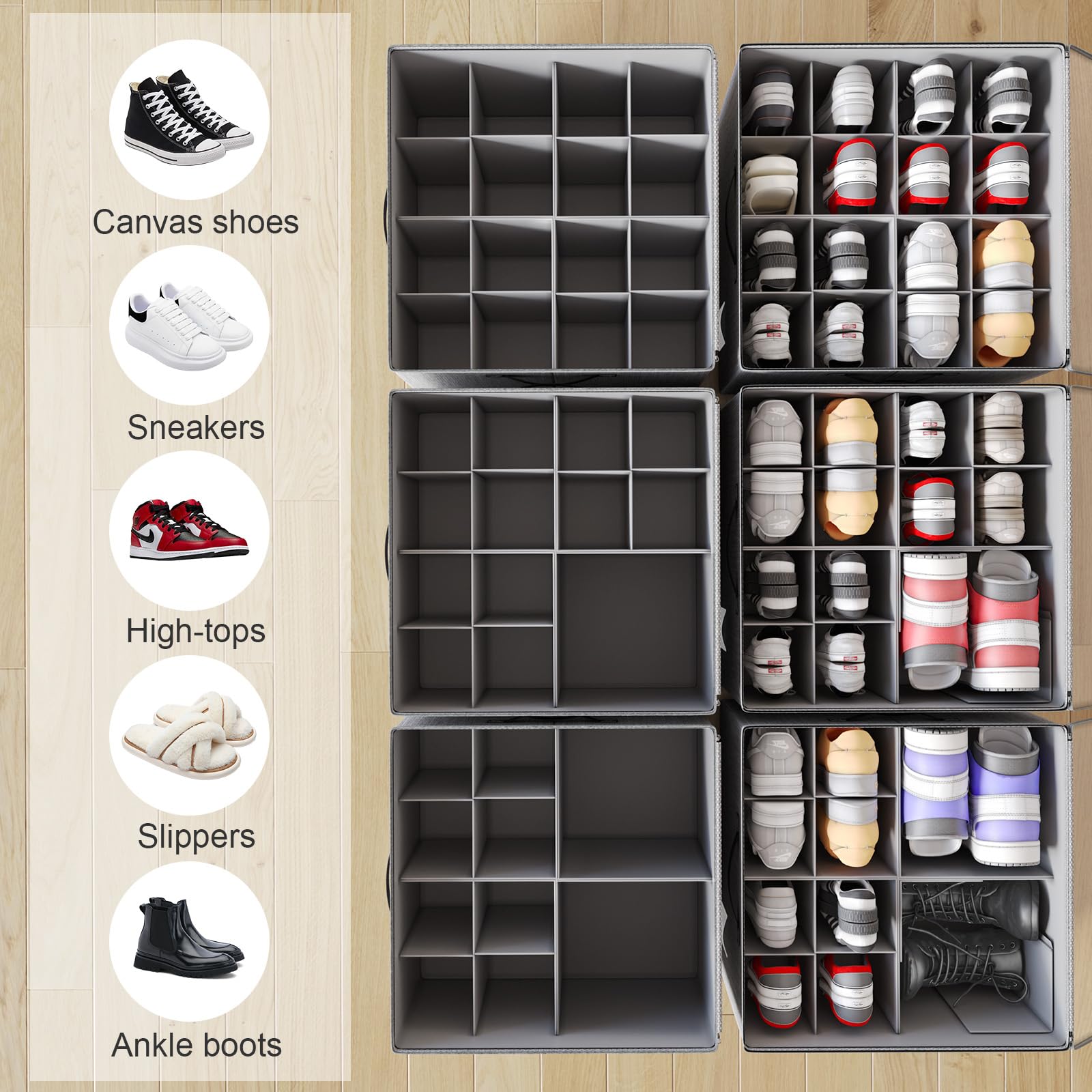 DIMJ Shoe Organizer for Closet - Adjustable Shoe Storage Organizer W/Clear Cover, Linen-like Shoe Storage Box Bins Cube, Foldable Shoes Holder w/Reinforced Handles Grey 2 Pack Fit up to 32 Pairs