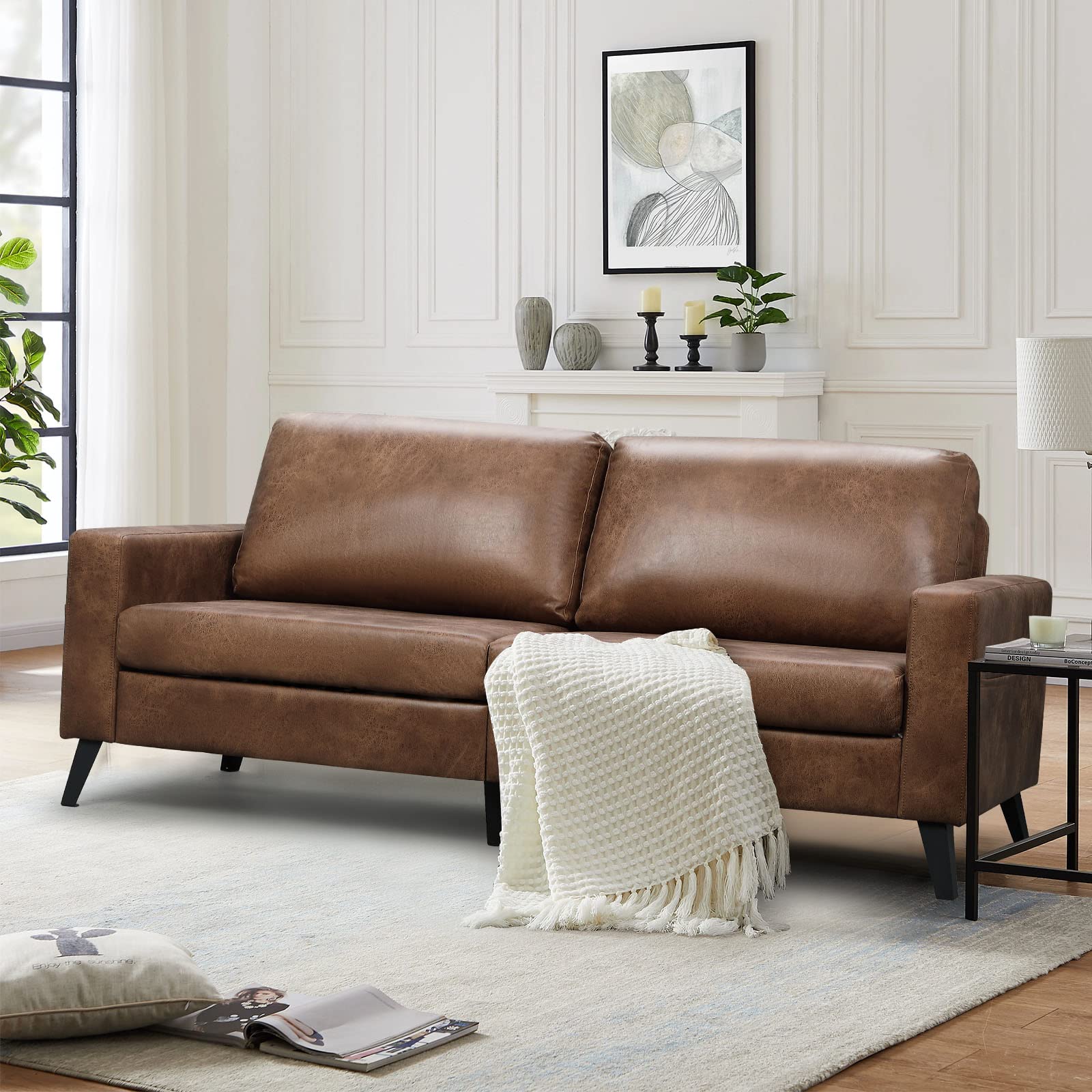 Esright 79 Inch Sofa Couch for Living Room, Small Couches, Faux Leather Loveseat, Mid Century Modern Sofas, Brown Comfy Love Seat for Bedroom, Apartment, Lounge, Office