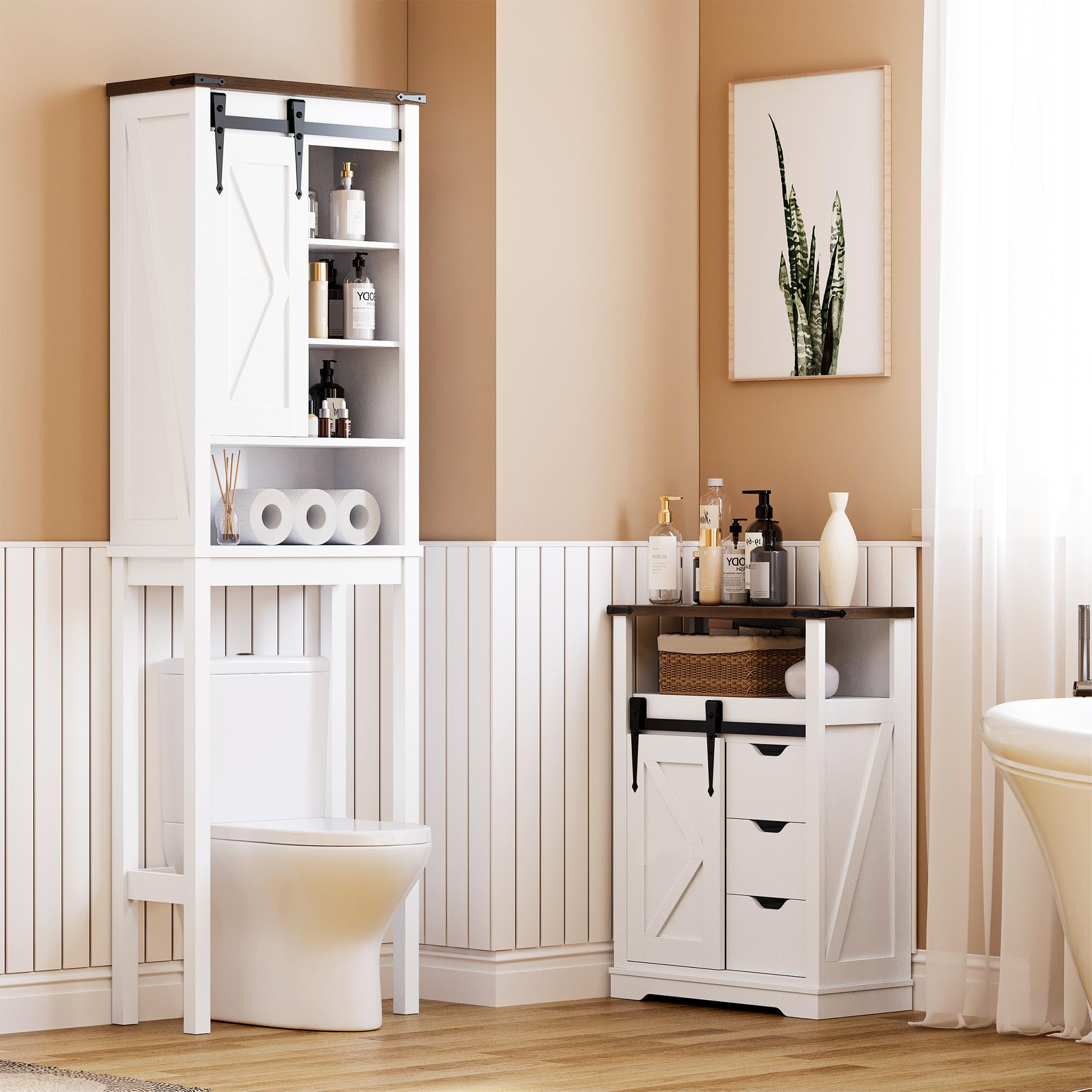 GarveeHome Over The Toilet Storage Cabinet, Farmhouse Storage Cabinet Over Toilet with Sliding Barn Door & Adjustable Shelves, above Toilet Organizer for Bathroom, White