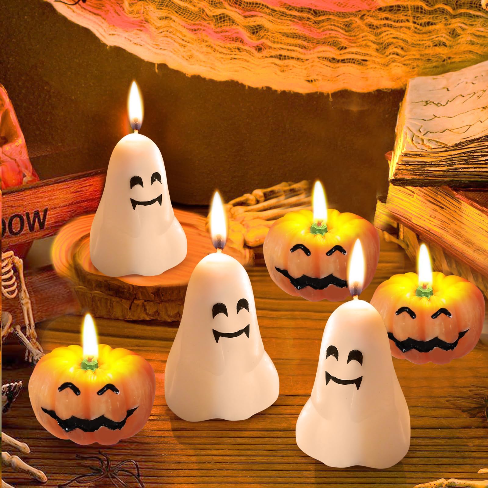 SUNXIZ 12 Pcs Halloween Pumpkin Ghost Candles Mini Spooky Burning Candle Fall Unscented Shaped Handmade Wax Novelty Goth Gifts for Thanksgiving Halloween Party Home Decoration