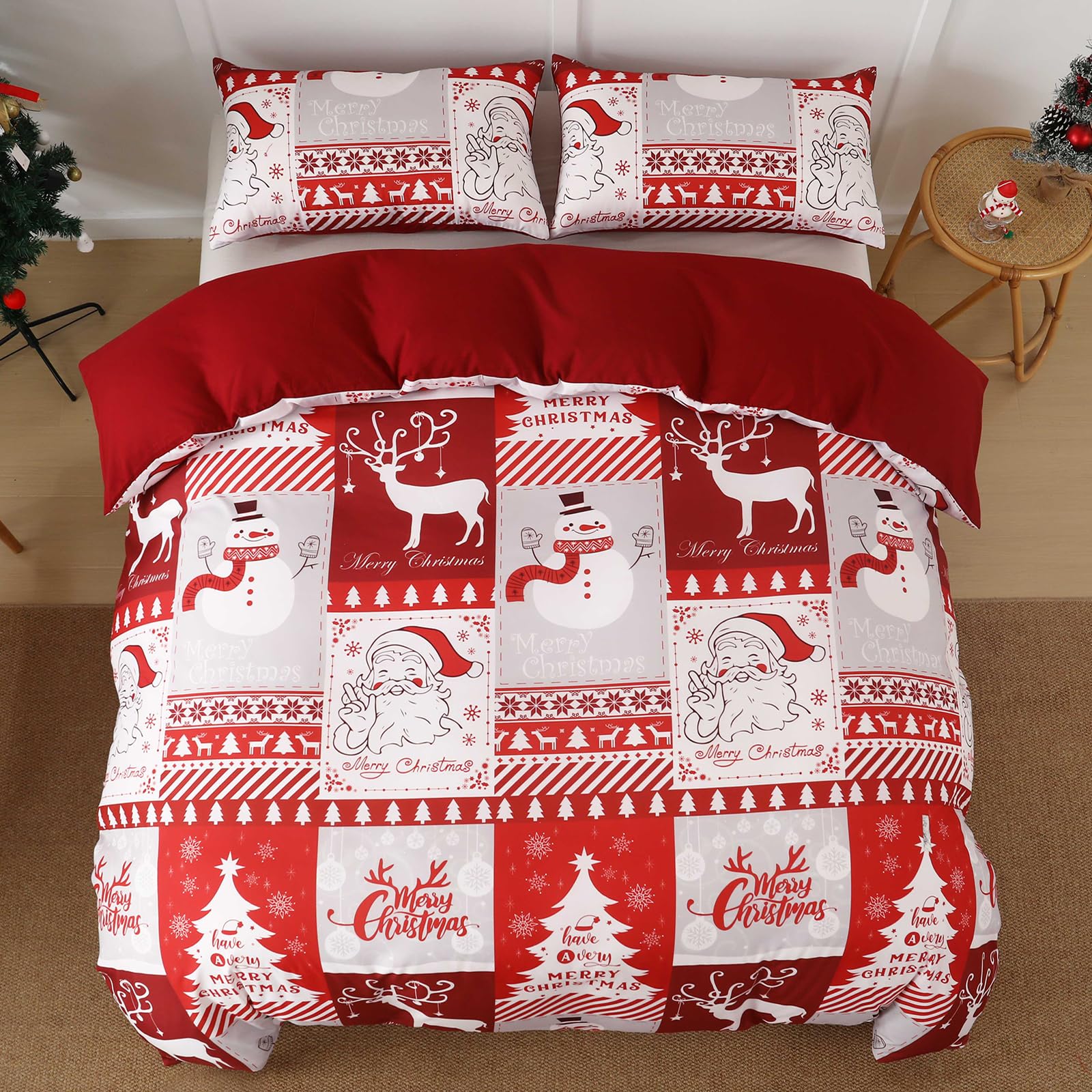 Dintszyayue Christmas Duvet Cover Set Queen,3 Pieces Holiday Reindeer Pattern Comforter Cover with Zipper Closure,Reversible Lightweight Patchwork Bedding Set with 2 Pillow Shams 90"x90"