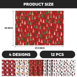 Horaldaily 19.7 x 27.5 Inch Christmas Wrapping Paper(12 Sheets: 42.5 sq. ft. ttl.), Red Christmas Trees Ball Ornaments Snowman Snow Disposable Wrapping Paper for Party DIY Crafts Gift Decor