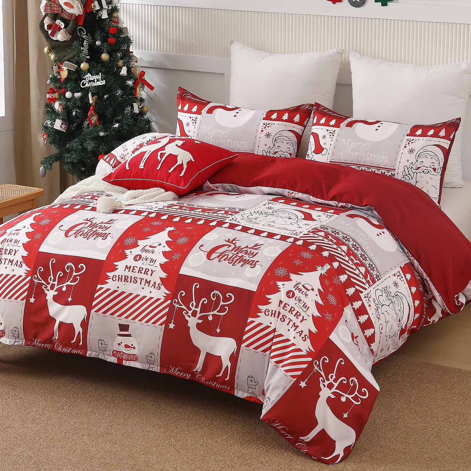 Dintszyayue Christmas Duvet Cover Set Queen,3 Pieces Holiday Reindeer Pattern Comforter Cover with Zipper Closure,Reversible Lightweight Patchwork Bedding Set with 2 Pillow Shams 90"x90"