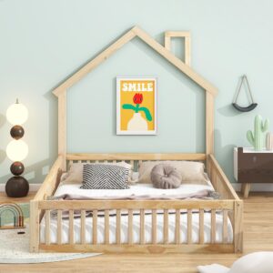 Merax Montessori Floor Bed with Fence and Door for Toddlers, Girls, Boys Pine Wood Bedframe Safety Guardrails for Children's Room, House-Shaped Headboard Kids Playroom, Full Size with Slats, Natural