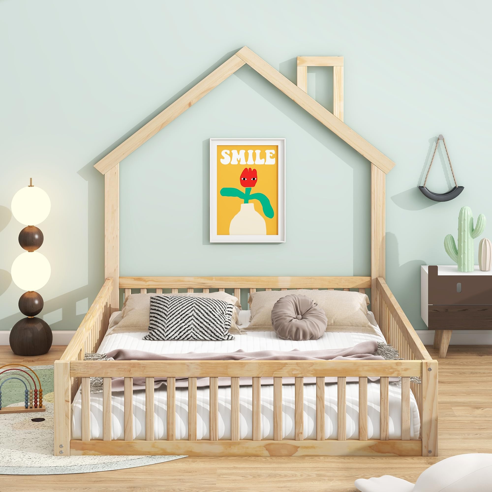 Merax Montessori Floor Bed with Fence and Door for Toddlers, Girls, Boys Pine Wood Bedframe Safety Guardrails for Children's Room, House-Shaped Headboard Kids Playroom, Full Size with Slats, Natural