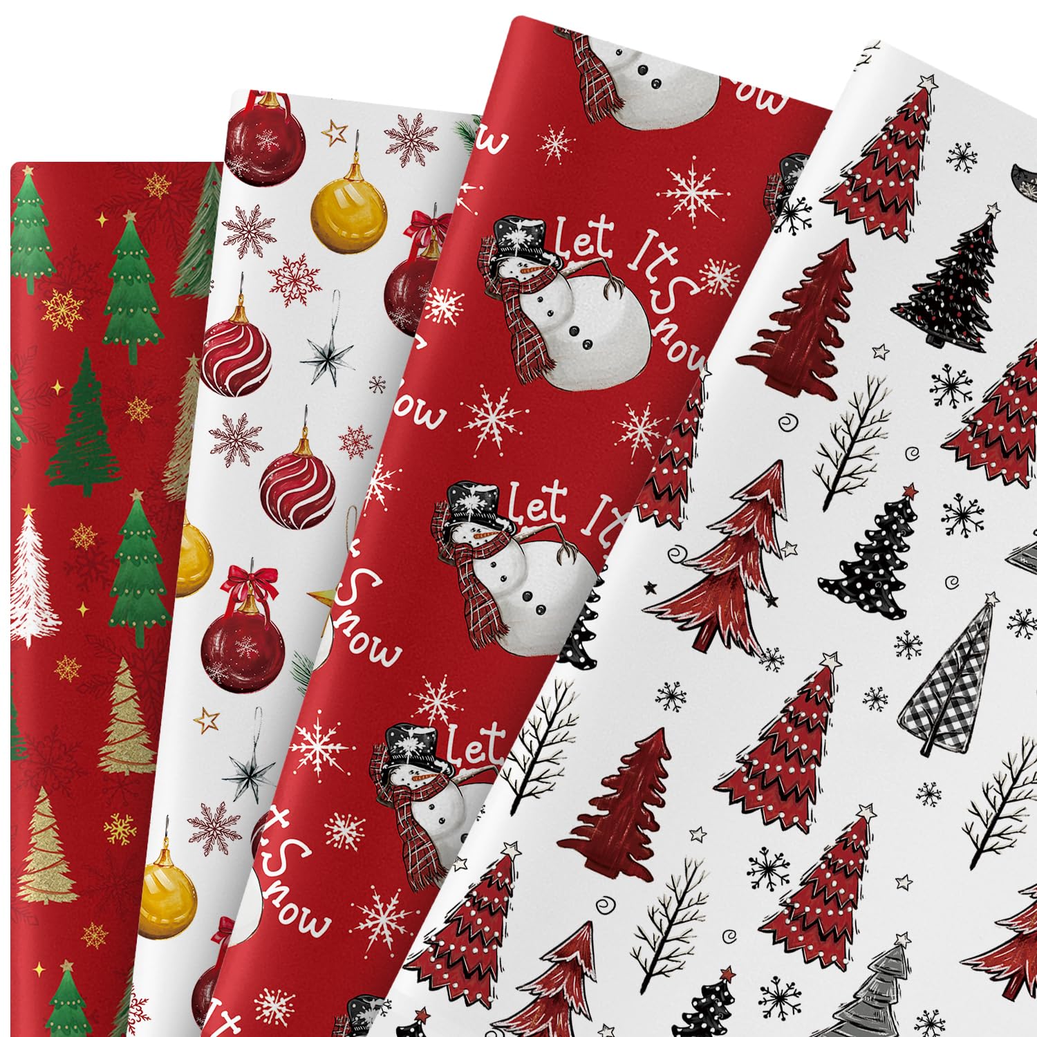 Horaldaily 19.7 x 27.5 Inch Christmas Wrapping Paper(12 Sheets: 42.5 sq. ft. ttl.), Red Christmas Trees Ball Ornaments Snowman Snow Disposable Wrapping Paper for Party DIY Crafts Gift Decor