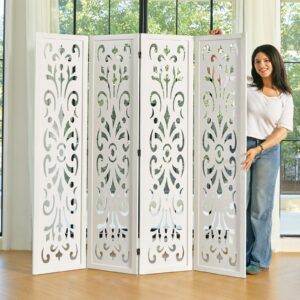 5.6ft room divider folding wood classical carved partition screen for home office garden - 4 panels (white)