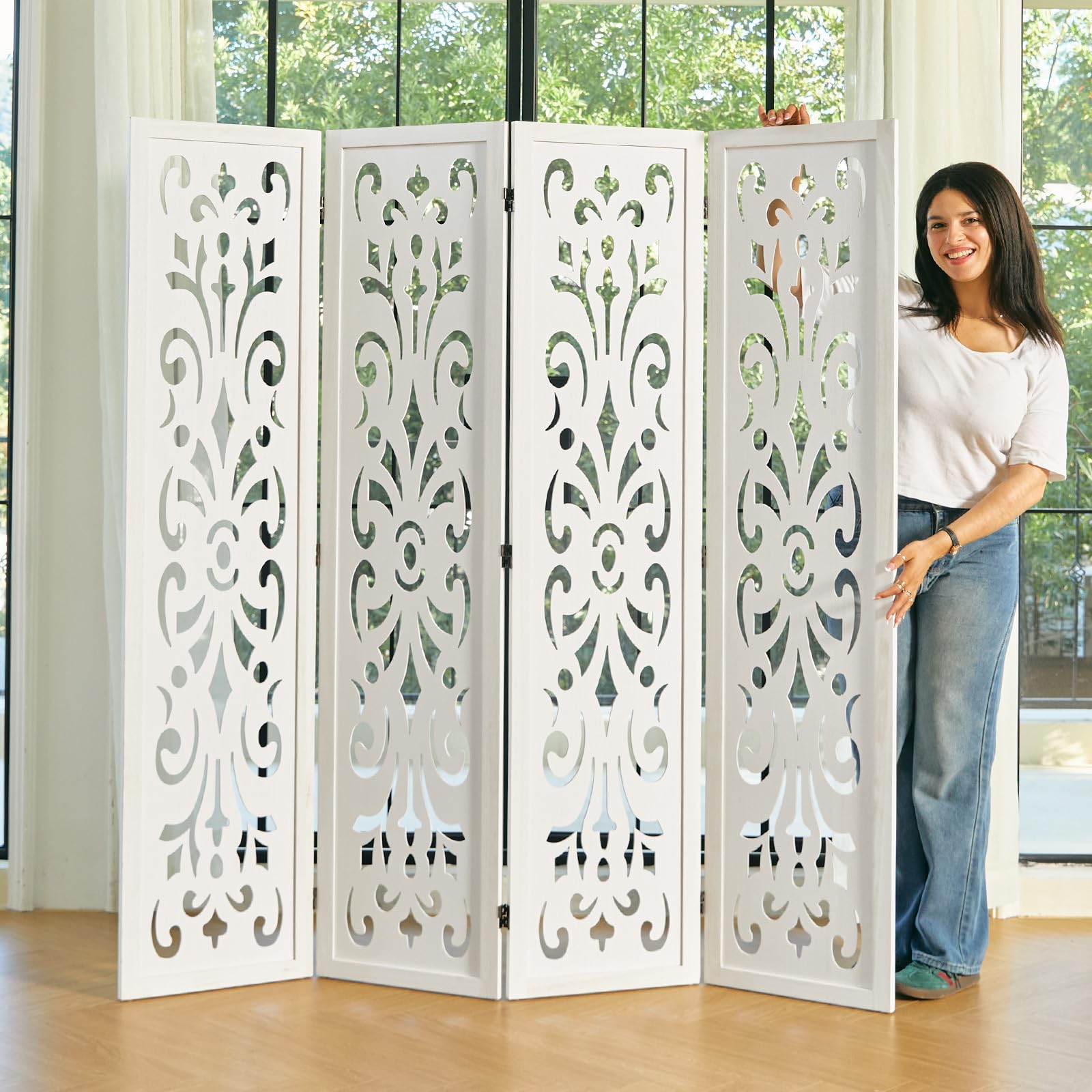 5.6Ft Room Divider Folding Wood Classical Carved Partition Screen for Home Office Garden - 4 Panels (White)