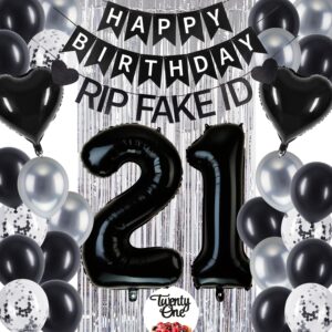 21st birthday decorations, happy 21st birthday decorations with happy birthday banner, sliver foil curtains, rip fake id 21 balloons kit, black cake topper, 21st birthday decorations for him