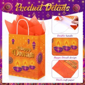 Kolldenn 48 Pcs Happy Diwali Gift Bags with Tissue Paper Festival of Lights Favors Bags with Handles Indian Diwali Goodie Gift Bags for Diwali Deepavali Party Indian Celebration Supplies Decoration