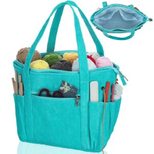 cosblank crochet bag tote yarn knitting bag corduroy teal yarn storage organizer for crocheting project skein knitting needles crochet hooks accessories