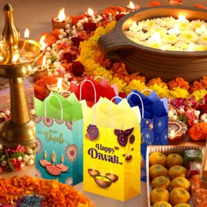 Kolldenn 48 Pcs Happy Diwali Gift Bags with Tissue Paper Festival of Lights Favors Bags with Handles Indian Diwali Goodie Gift Bags for Diwali Deepavali Party Indian Celebration Supplies Decoration