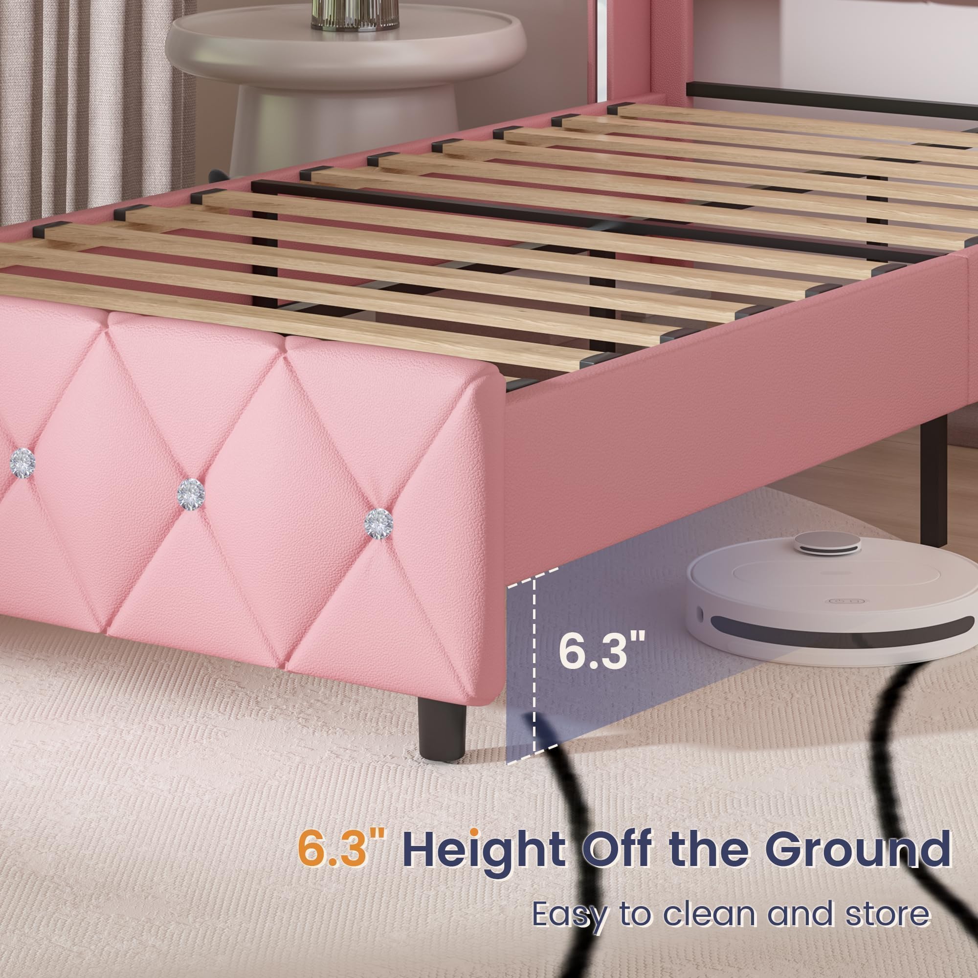 HOMBCK Twin Bed Frame, Upholstered Bed Frame with Diamond Tufted Headboard, Twin Bed Frames for Girls, Cute Princess Bed, Faux Leather, Wooden Slats Support, No Box Spring Needed, Pink