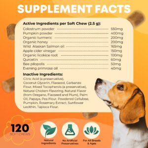 Dog Allergy Relief - 120 Count - Dog Allergy Chews Dog Itching Skin Relief for Seasonal Allergies - 10-in-1 Soft Dog Anti Itch Relief for Dogs Probiotics for Skin & Coat Supplement - Chicken Flavor