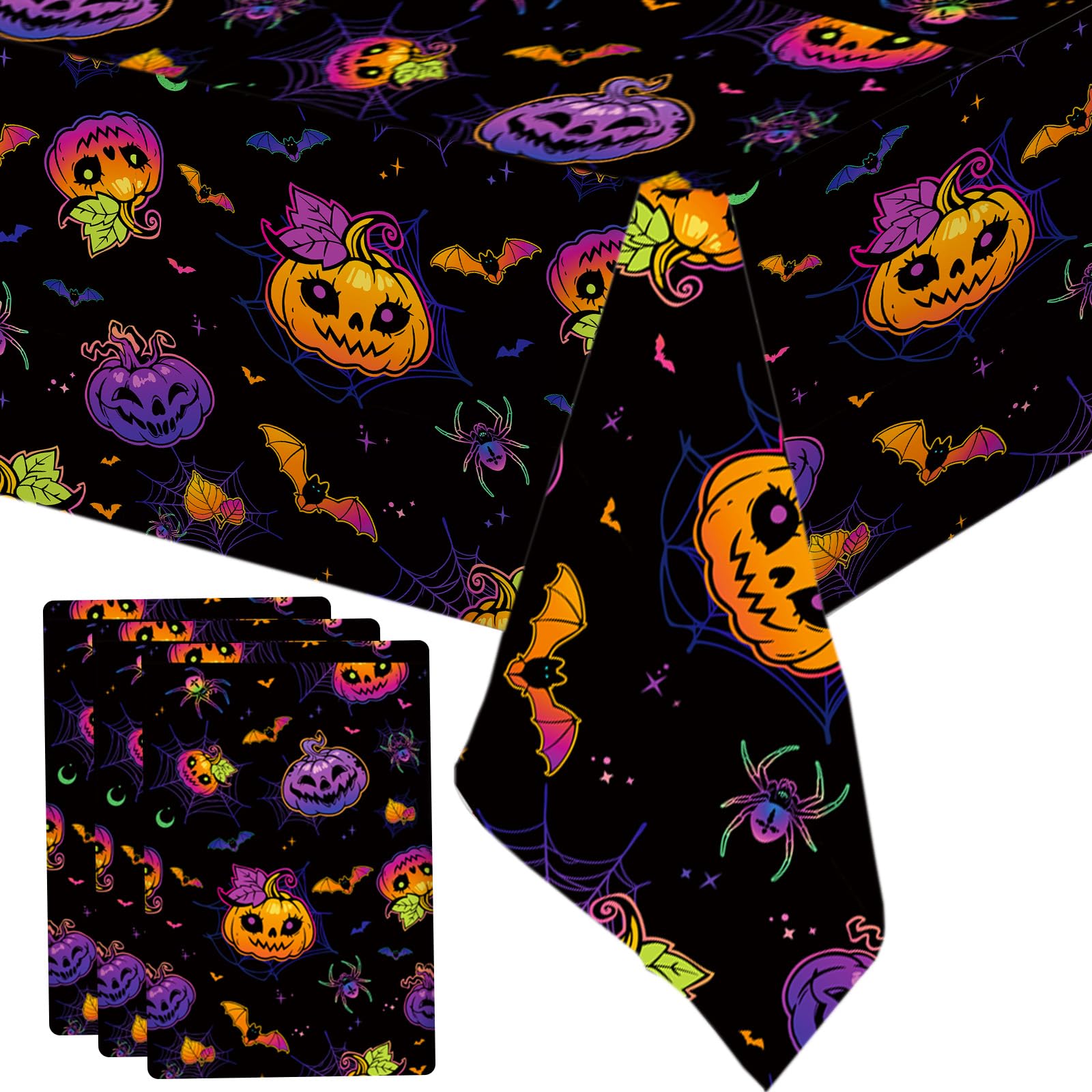 MEHOFOND 3 Pack Halloween Tablecloths, Disposable Plastic Spiderweb Table Covers with Cute Pumpkin Bat Happy Halloween Party Supplies for Kids Halloween Party, 54 x 108 Inch