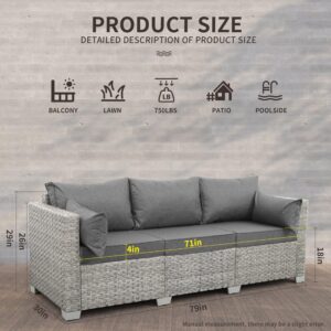 WAROOM Outdoor Couch 3 Seater Wicker Patio Sofa Grey Rattan Deep Seat Balcony Furniture Porch Seating with Grey Cushion