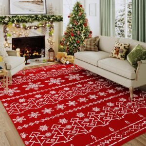 purecozy christmas area rug 5x7 red washable kitchen rug xmas snowflake holiday decor indoor throw rug decorative living room non slip soft low pile carpet bedroom dining room office nursery bathroom