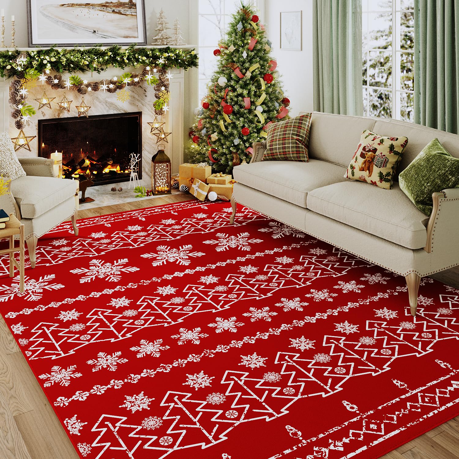 PureCozy Christmas Area Rug 5x7 Red Washable Kitchen Rug Xmas Snowflake Holiday Decor Indoor Throw Rug Decorative Living Room Non Slip Soft Low Pile Carpet Bedroom Dining Room Office Nursery Bathroom