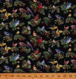 elizabeth studios cotton birds and berries animals cardinals pines needles cones holly and ivy christmas holiday black cotton fabric print by the yard (40004black)