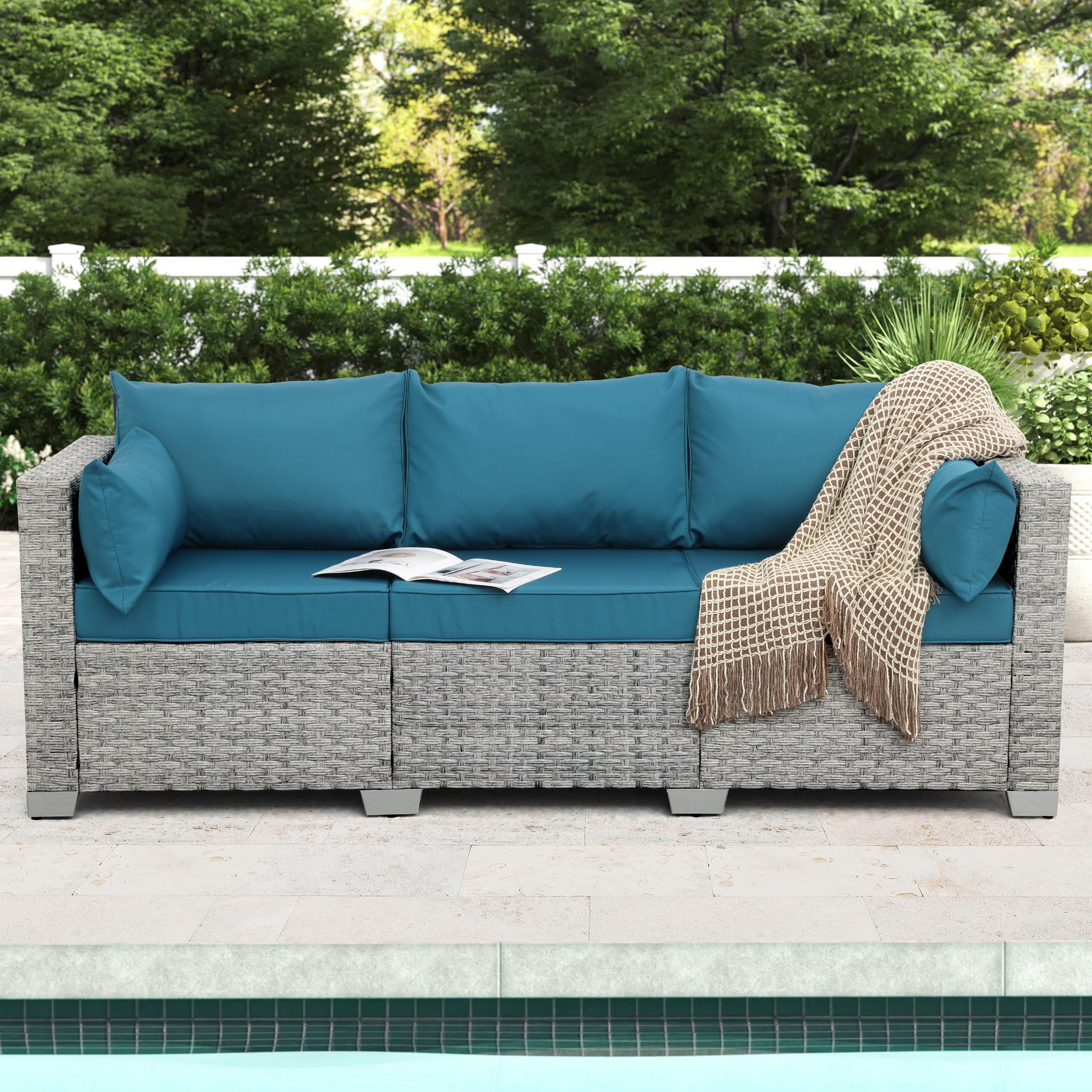 WAROOM Outdoor Couch 3 Seater Wicker Patio Sofa Grey Rattan Deep Seat Balcony Furniture Porch Seating with Peacock Blue Cushion