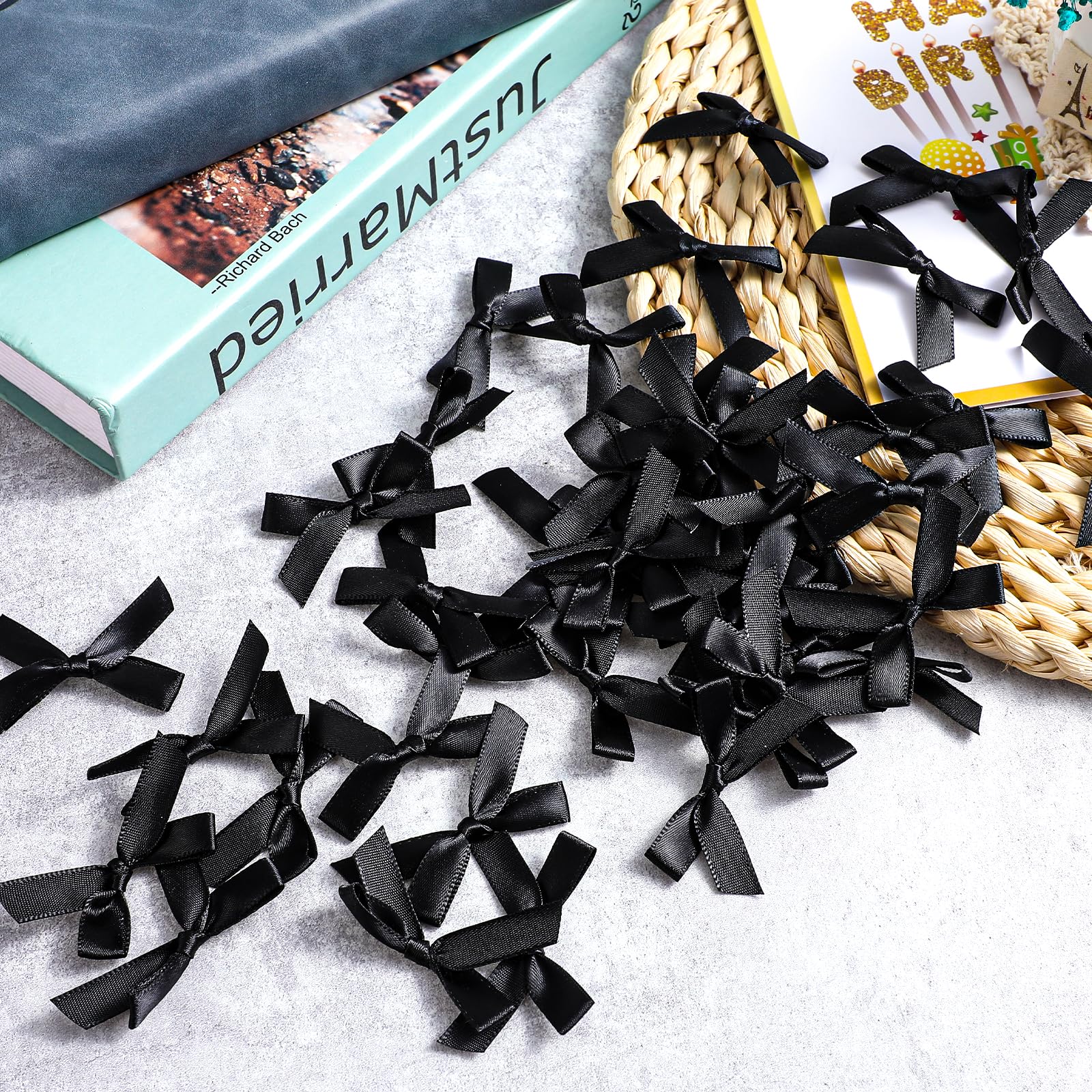 AOZUO 100 Pieces Tiny Bows, Mini Black Bows DIY Satin Fabric Bow Gift Wrapping Small Ribbon Bow Premade Bow for Treat Bags Cake Pops Candy Wedding Favors Bridal Shower Christmas Decor(Black)