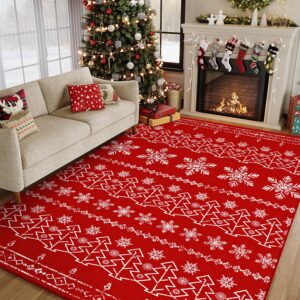 PureCozy Christmas Area Rug 5x7 Red Washable Kitchen Rug Xmas Snowflake Holiday Decor Indoor Throw Rug Decorative Living Room Non Slip Soft Low Pile Carpet Bedroom Dining Room Office Nursery Bathroom