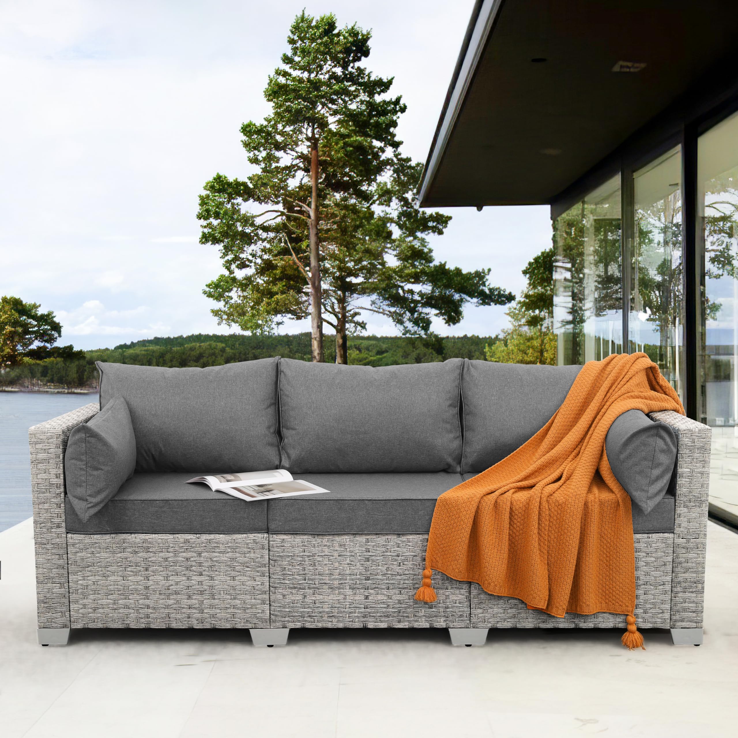 WAROOM Outdoor Couch 3 Seater Wicker Patio Sofa Grey Rattan Deep Seat Balcony Furniture Porch Seating with Grey Cushion