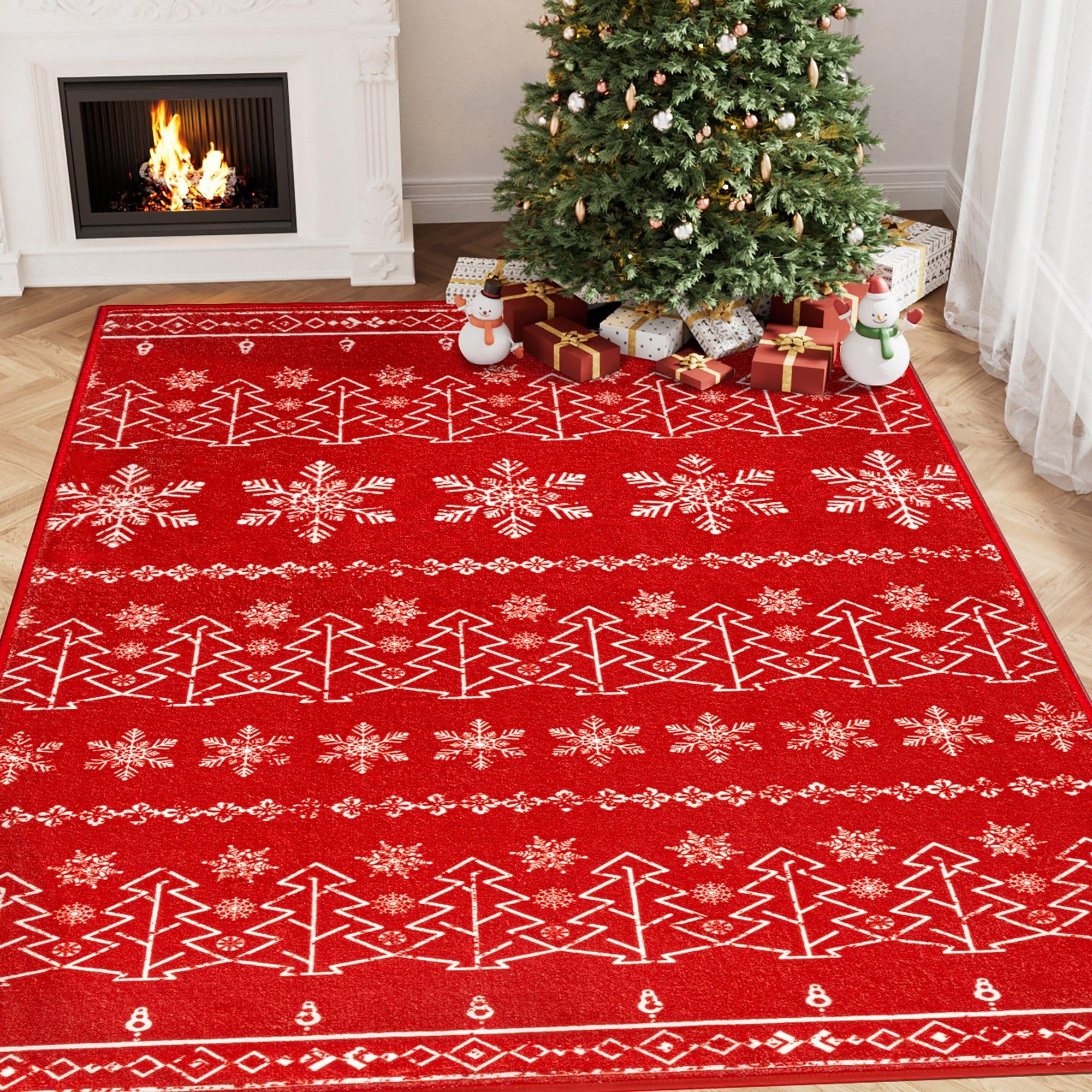 PureCozy Christmas Area Rug 5x7 Red Washable Kitchen Rug Xmas Snowflake Holiday Decor Indoor Throw Rug Decorative Living Room Non Slip Soft Low Pile Carpet Bedroom Dining Room Office Nursery Bathroom