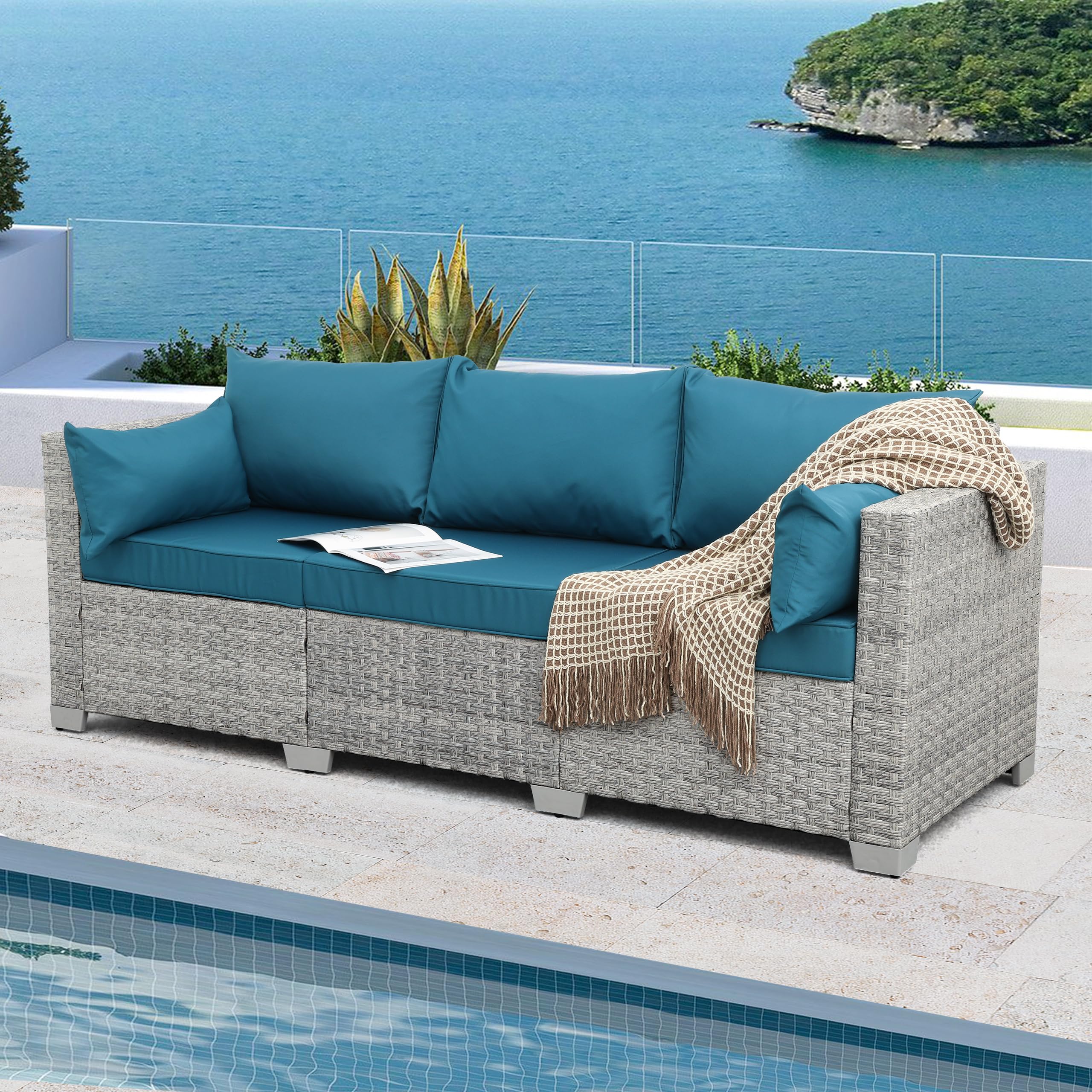 WAROOM Outdoor Couch 3 Seater Wicker Patio Sofa Grey Rattan Deep Seat Balcony Furniture Porch Seating with Peacock Blue Cushion