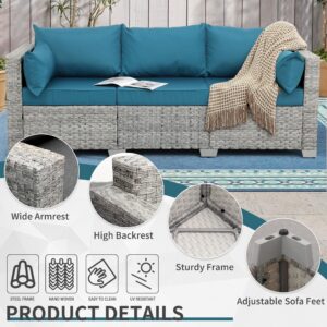 WAROOM Outdoor Couch 3 Seater Wicker Patio Sofa Grey Rattan Deep Seat Balcony Furniture Porch Seating with Peacock Blue Cushion