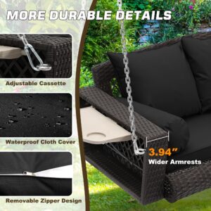 Grepatio Wicker Hanging Porch Swing - Outdoor 3 Person Patio Swing Bench with Cushion & Chains - 3-Seat Porch Swing Chair with Cup Holder for Garden, Yard, Lawn (Grey)