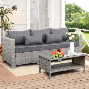 WAROOM Outdoor Couch 3 Seater Wicker Patio Sofa Grey Rattan Deep Seat Balcony Furniture Porch Seating with Grey Cushion