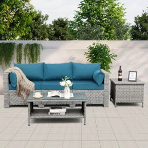 WAROOM Outdoor Couch 3 Seater Wicker Patio Sofa Grey Rattan Deep Seat Balcony Furniture Porch Seating with Peacock Blue Cushion