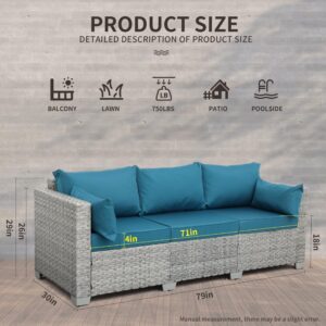 WAROOM Outdoor Couch 3 Seater Wicker Patio Sofa Grey Rattan Deep Seat Balcony Furniture Porch Seating with Peacock Blue Cushion