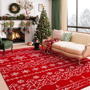 PureCozy Christmas Area Rug 5x7 Red Washable Kitchen Rug Xmas Snowflake Holiday Decor Indoor Throw Rug Decorative Living Room Non Slip Soft Low Pile Carpet Bedroom Dining Room Office Nursery Bathroom