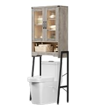 Over The Toilet Storage Cabinet with Tempered Glass Doors & Adjustable Shelf, Bathroom Organizer with Metal Stand Space Saver Over Toilet , Modern Toilet Rack for Bathroom, Restroom, Laundry, Grey