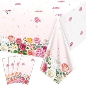 quericky 4 pack floral tablecloths for birthday, plastic rectangle pink flower tablecovers for tea party supplies, baby showers, wedding, bridal shower, birthday, 51x87''