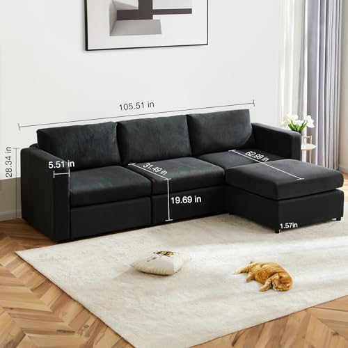 DUMOS Convertible Soft Deep Modern Modular Sectional Couch for Living Room Apartment Lounge, Comfy Liner Fabric, L Shape Sofa-4 Seat, Black