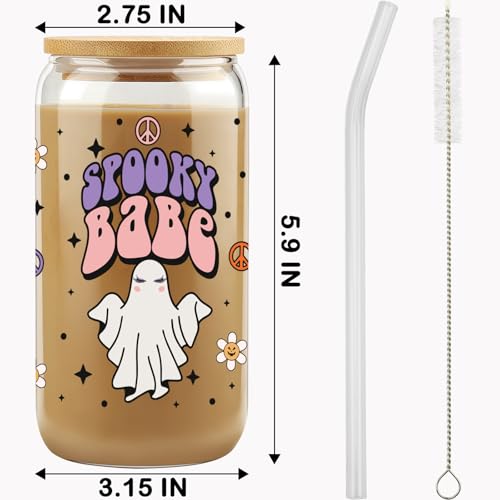 Gifts for Her, Halloween Sister Friend Gifts, Spooky Season Gift, Halloween Glass Can Cups, Stay Spooky GIced Coffee Cup, Fall Glass Cups, Halloween Gifts, Halloween Lover 16 OZ Cup with Lid and Straw