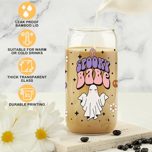 Gifts for Her, Halloween Sister Friend Gifts, Spooky Season Gift, Halloween Glass Can Cups, Stay Spooky GIced Coffee Cup, Fall Glass Cups, Halloween Gifts, Halloween Lover 16 OZ Cup with Lid and Straw